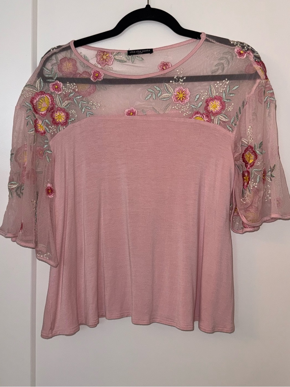 cha cha vente Pink Embroidered Mesh Yoke Short Sleeve Top